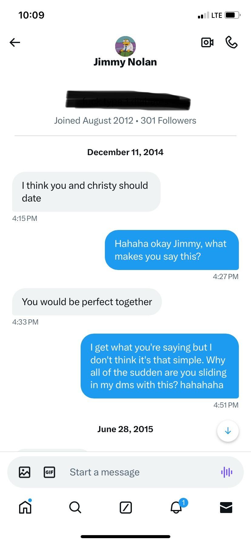 Message from Jimmy (Christy's brother) to Tut, about 6 months before Tut first asked Christy on a date