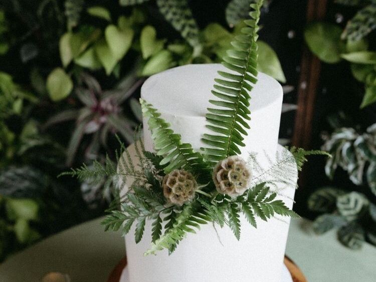 Cake decorated with ferns and scabiosa pods