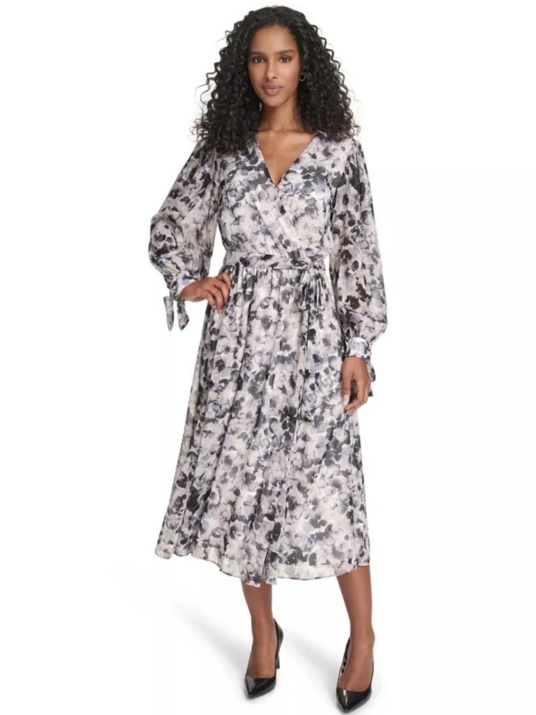 Calvin Klein floral long sleeve midi petite wedding guest dress for over 50s