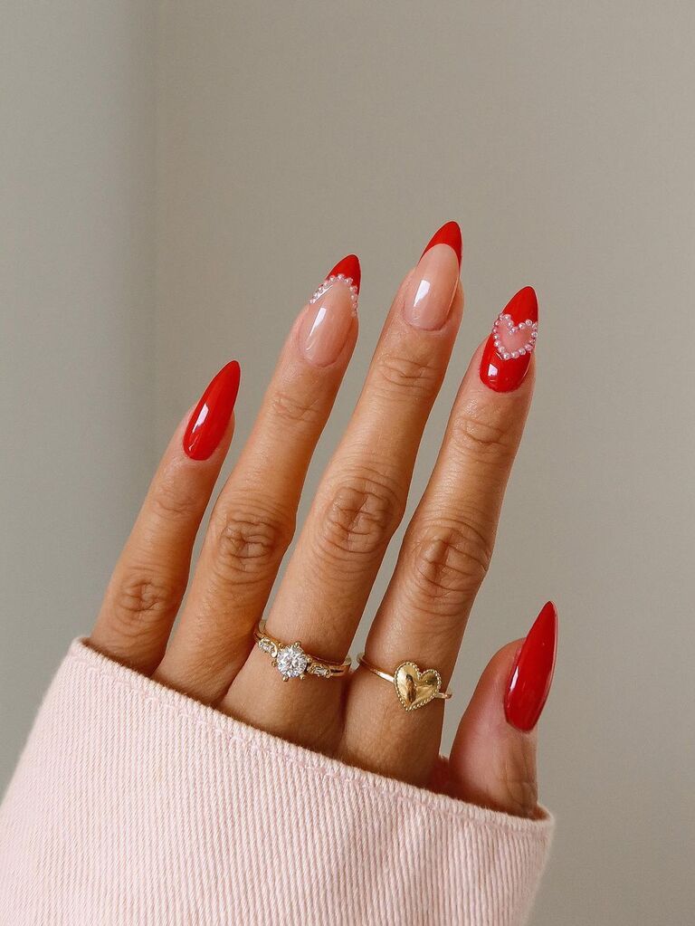Red Valentine's Day nails with pearls
