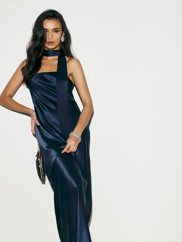 Navy slip wedding guest dress winter from Reformation