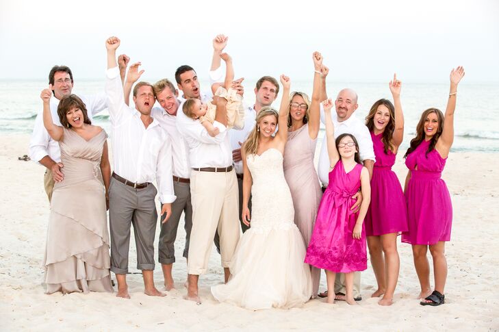 Casual Fuchsia And White Beach Wedding Party