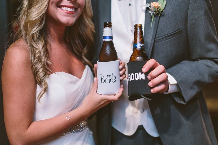 bride and groom beer koozies