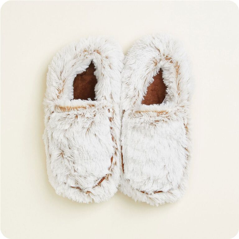 Heatable white faux fur slippers