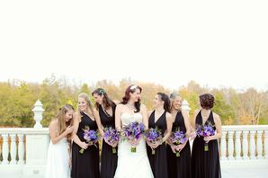 orchid bouquet bridesmaid bright purple bridesmaids halter dresses