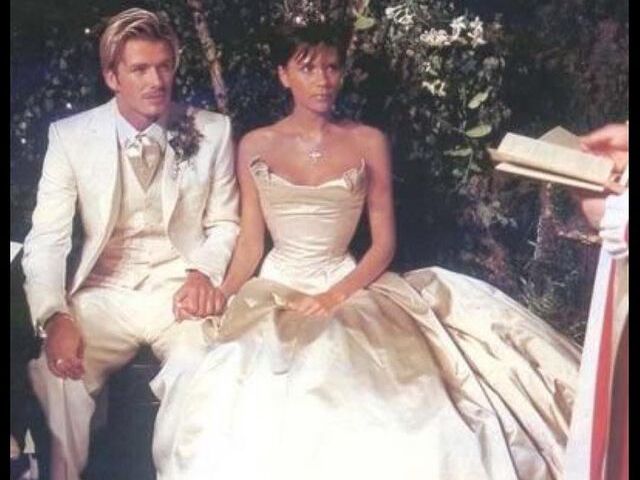 Victoria Beckham wedding dress and David Beckham on wedding day