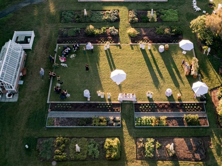 drone wedding photography, outdoor wedding in garden