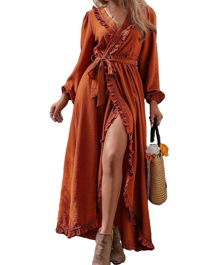 A rich orange wrap maxi dress with ruffled detailing on the hem and a tie waist from Walmart