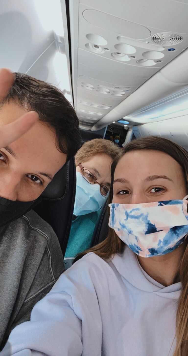 We spent the pandemic year spending time with those we love most - our families and each other. During this time period, our relationship grew into something we both knew you only get once in a lifetime and we fell in love. 

This is a picture of us and Memaw on our way to visit family once travel restrictions were lifted. 