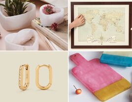 Four 37th anniversary gifts: heart-shaped bowls, a personalized push-pin map, alabaster serving boards, gold hoop earrings