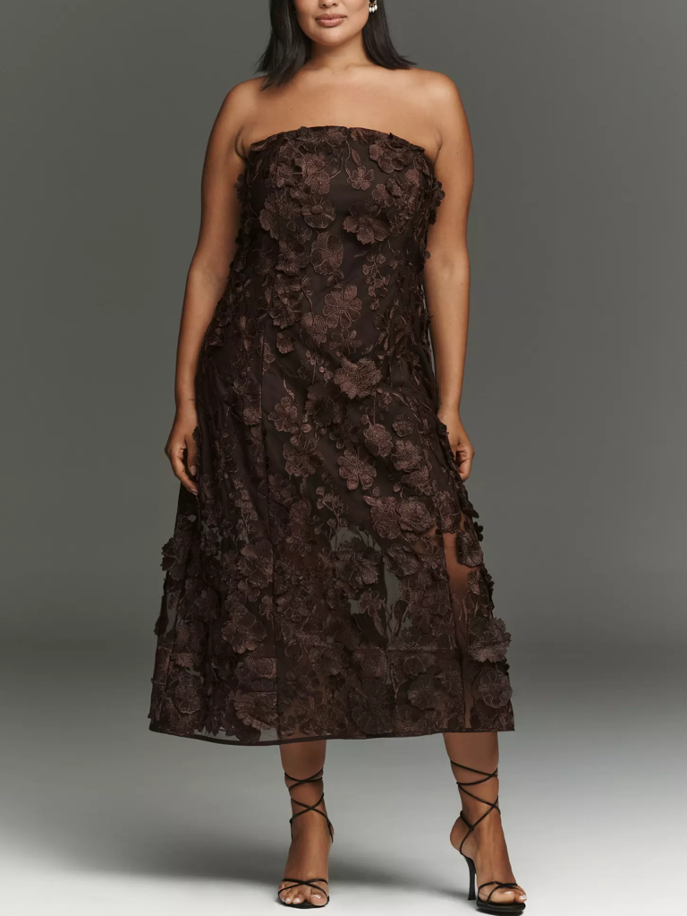 English Factory brown floral midi plus size wedding guest dress 