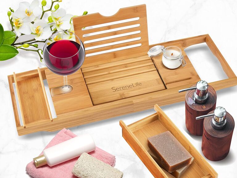 Bamboo bath caddy housewarming gift for couple