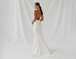 Low cowl back floor length gown with spaghetti straps