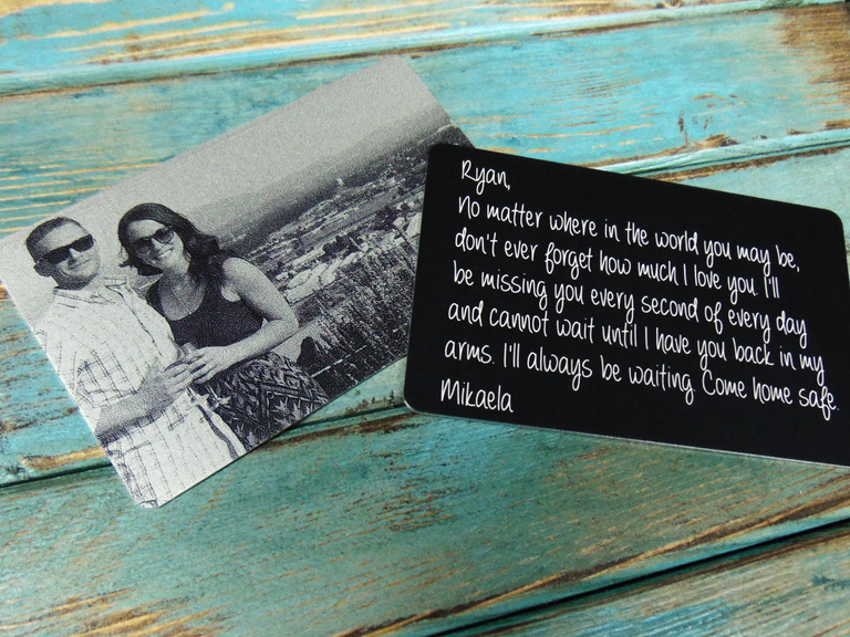 Engraved metal wallet insert with custom photo and message