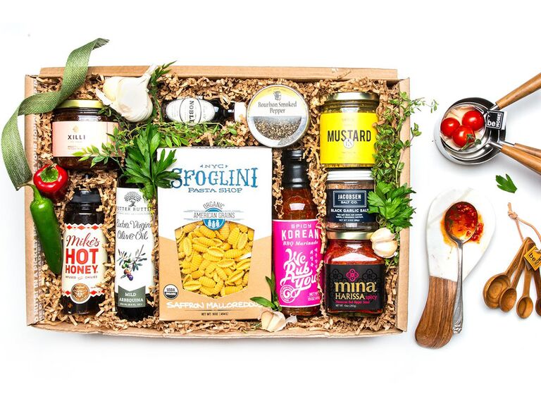 Artisanal cooking gift box with ingredients like pasta, spices and condiments