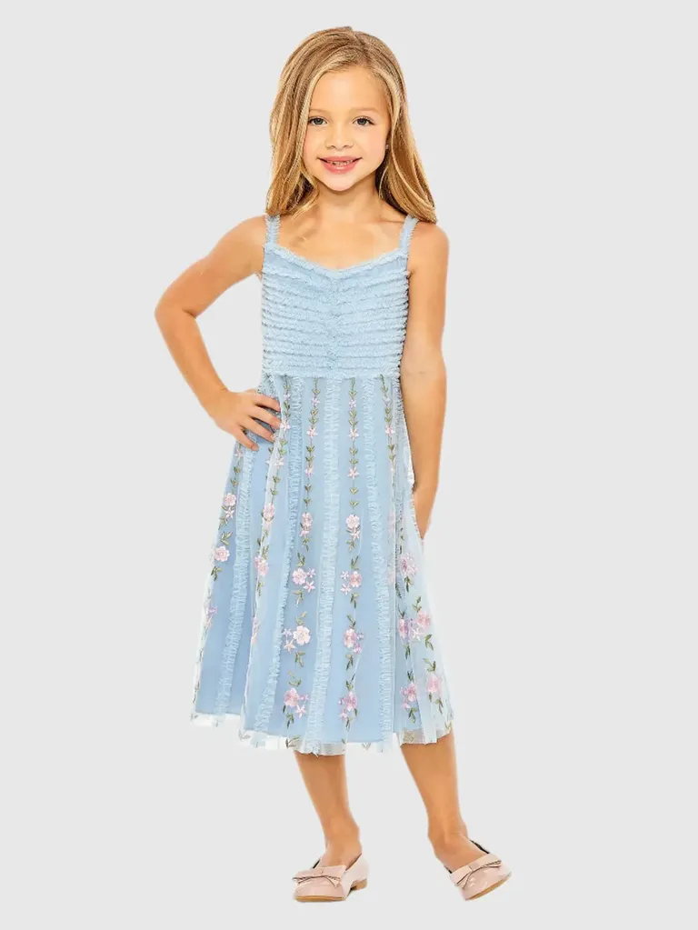Girls blue floral ruffle mommy and me dress from Mac Duggal