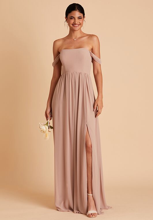 white christmas dresses Taupe Chiffon Bridesmaid Dress Spaghetti Straps Sheath/Column Long Chiffon Bridesmaid Dresses with Slit main image 1