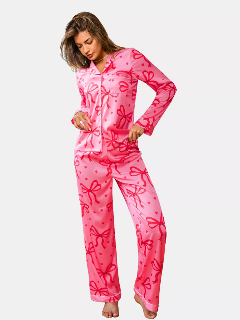 Cupshe pink bow print satin pajamas for mother of the bride
