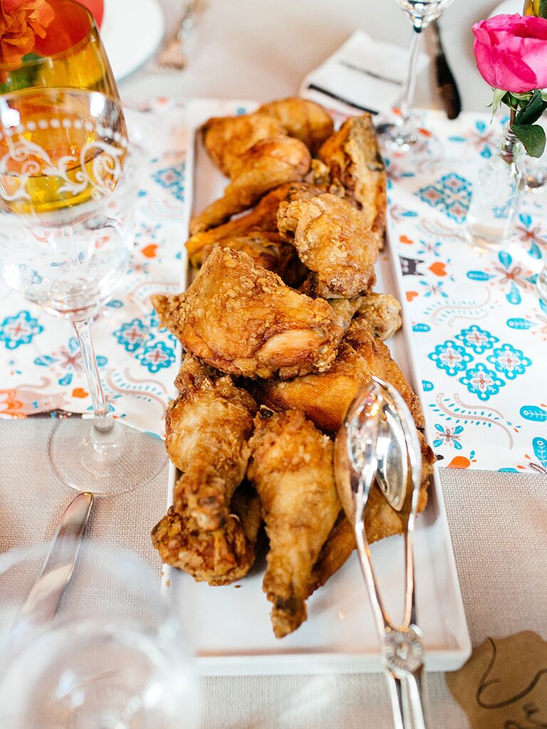 Fried chicken passed appetizer for a BBQ wedding reception