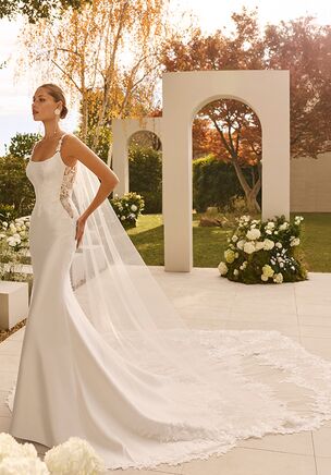 Long two-piece wedding dress, elastic mikado bodice with beaded lace, round neckline and V-back, open back with straps, skirt with beaded lace, includes tulle cape with beaded lace.