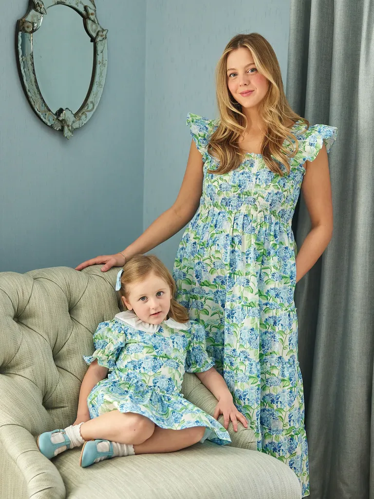 Blue and green floral mommy and me matching dresses for wedding from Hill House