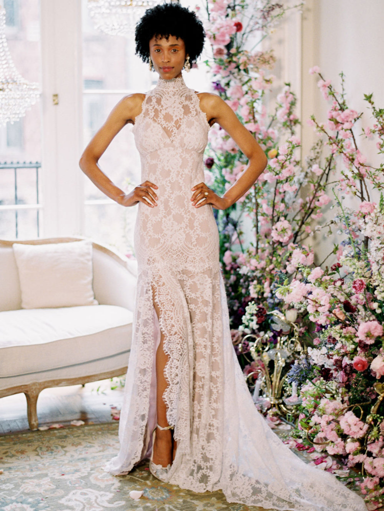 Lace gown with high neck and slit