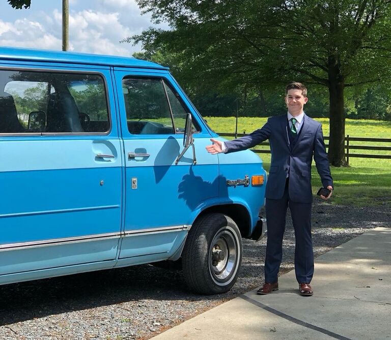 Our Senior year prom and Justin drove us in his grandpa's blue van to the event.
