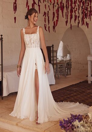 Chiffon A-Line with Square Neckline and Sequined Lace Appliqués