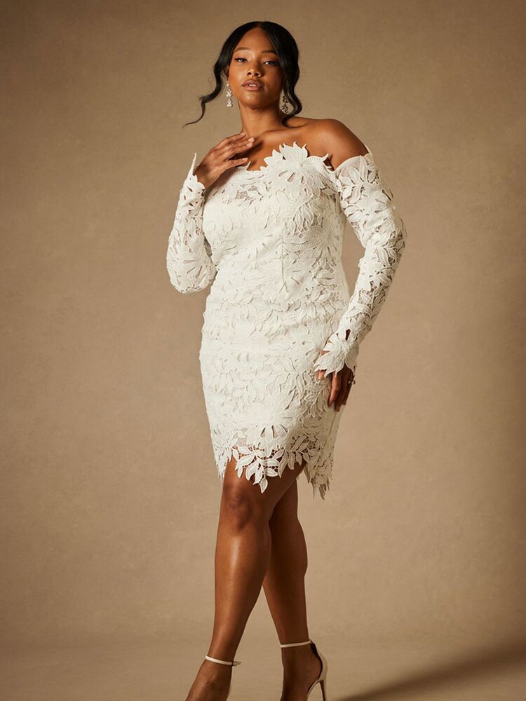 White lace store rehearsal dinner dress