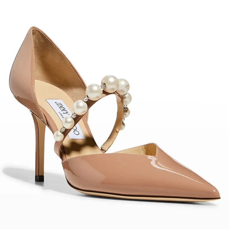 classic nude pumps with strap adorned with pearls