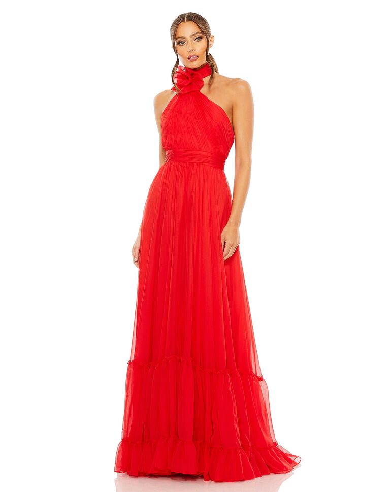 Red Mac Duggal halter neck formal wedding guest dress