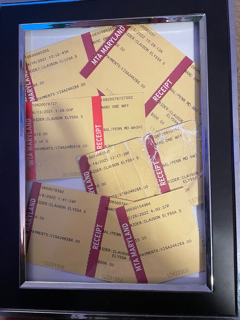 After over a year living with David during COVID, Elyssa moved to Baltimore to pursue her MPH at Johns Hopkins. The next year consisted of many long facetime calls and weekly trips on the MARC train. Elyssa even made David this picture frame of several ticket stubs she saved from coming to visit him back in DC. 