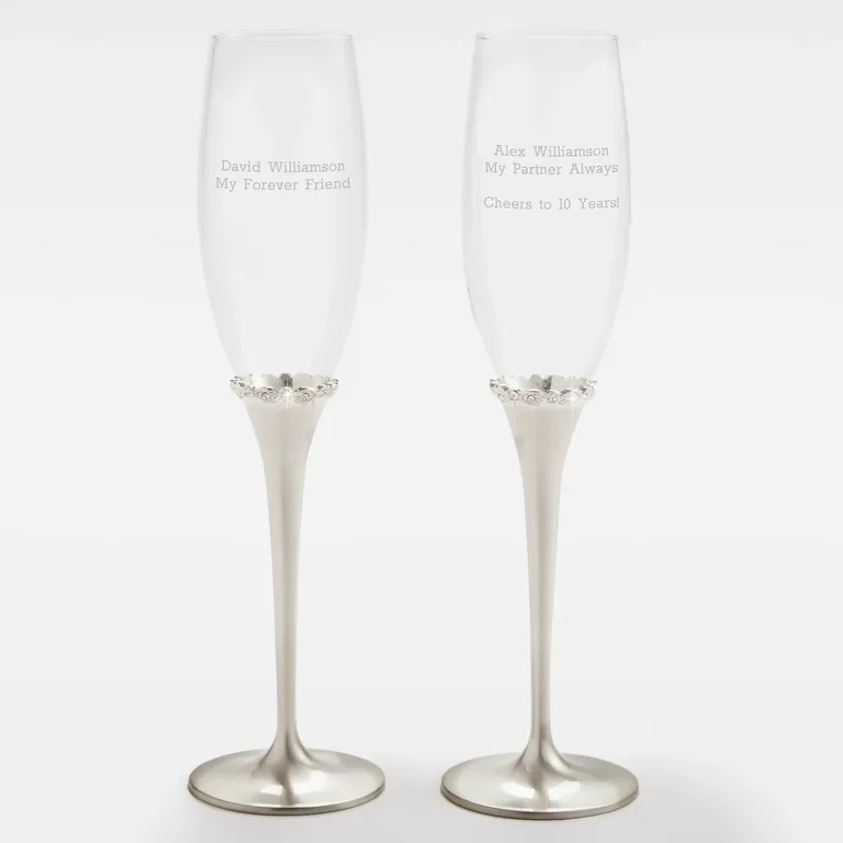 Silver engrave champagne flutes for 25 year anniversary gift