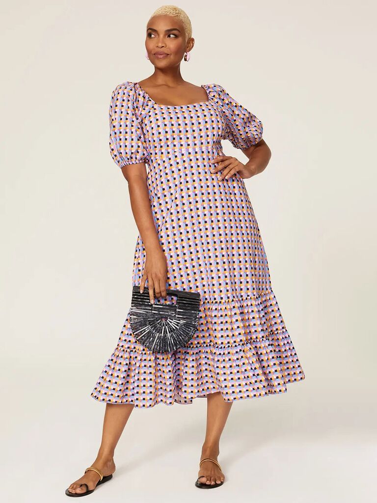 Tanya Taylor Rent the Runway pink checkered wedding guest dress with puffed sleeves