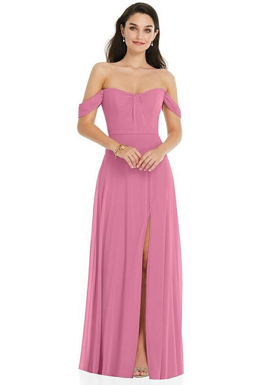 Dessy Group Off-the-Shoulder Draped Sleeve Maxi Dress with Front