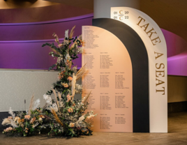 Large arch seating chart display with flower arrangement