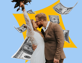 Bride and groom kissing with money flying in the background