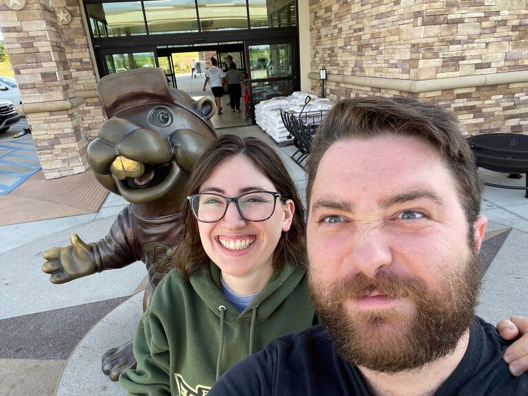 We had both heard about the magical gasoline emporium called Buc-ees and had to stop once we saw one on the way back to Montgomery. Once we left the establishment, loaded up on brisket sandwiches, we took this picture next to the store's outdoor bronze effigy of Mr. Buc-ee himself. Apparently, people take too many pictures touching his teeth (hence the shininess compared to the rest of his body). Yet another day spent with Bekah being even more convinced, I had found a friend to be silly with. Mr. Buc can tell you all about it. ~ K.