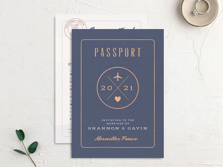 Passport-themed destination wedding invitation