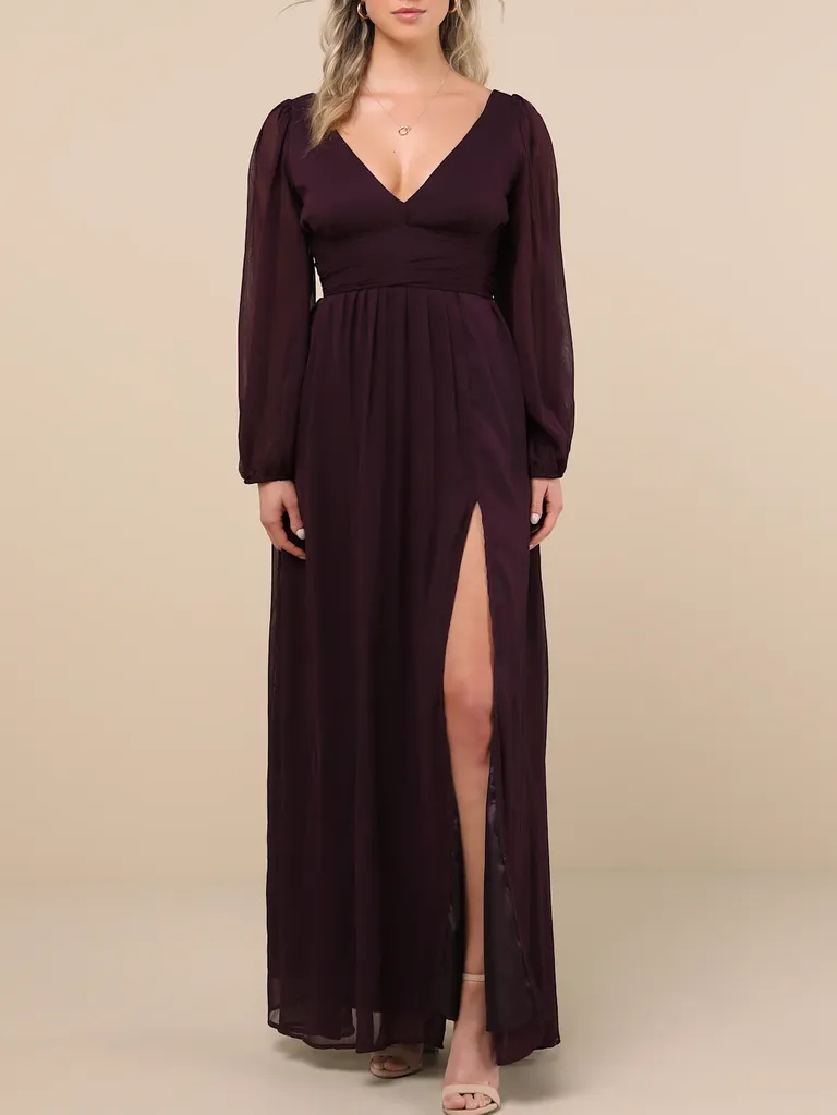 Dark purple v neck maxi wedding guest dress winter from Lulus
