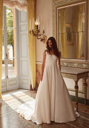 Satin Ball Gown with Square Neckline and Asymmetric Bodice and Pockets