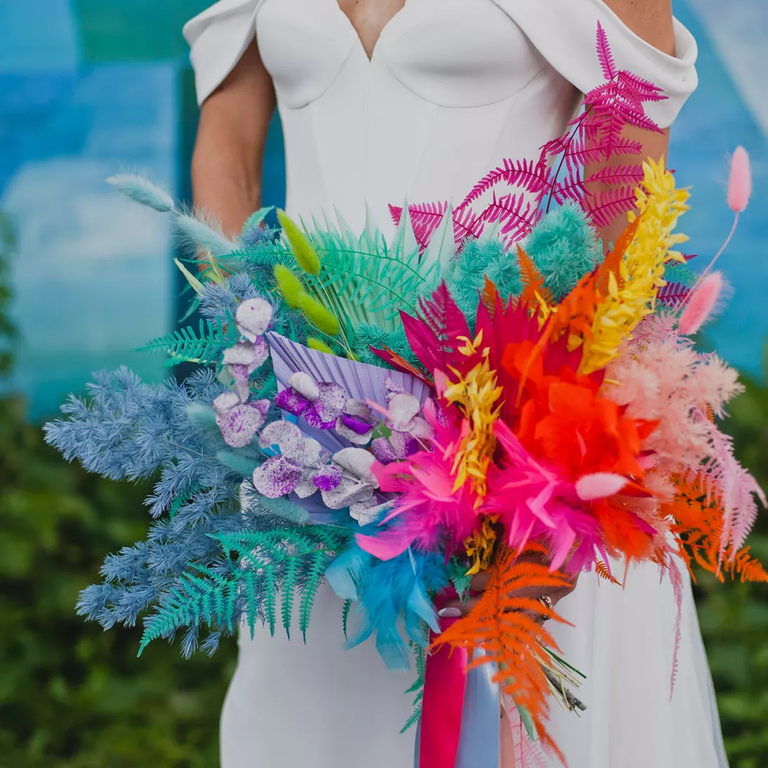 Neon flower bouquet for a retro or vintage-themed wedding