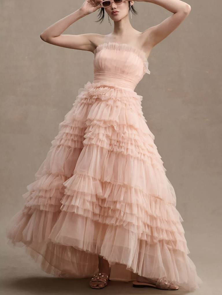 Mac Duggal strapless tiered blush pink wedding dress