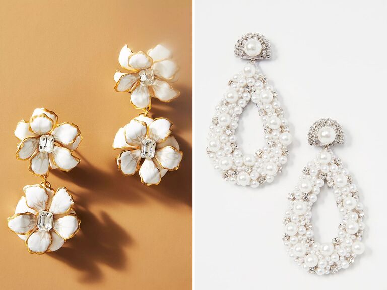 two pairs of stunning floral and pearl bridal statement earrings 
