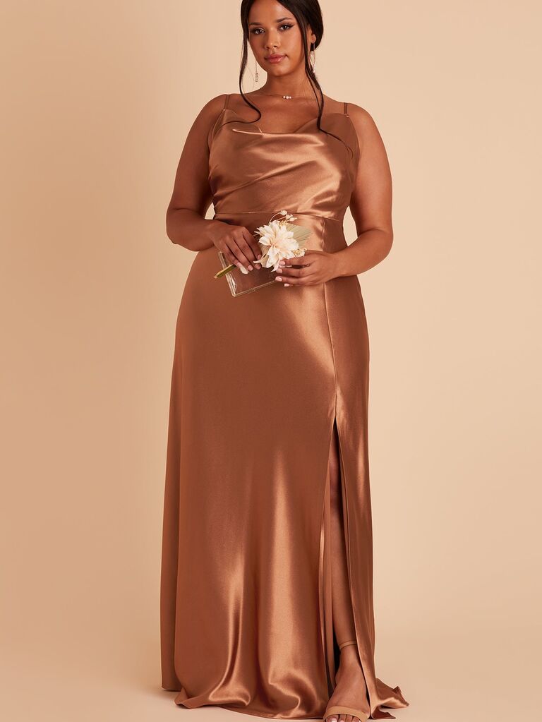 A long satin bridesmaid dress with strap sleeves and draped cowl neck from Birdy Grey