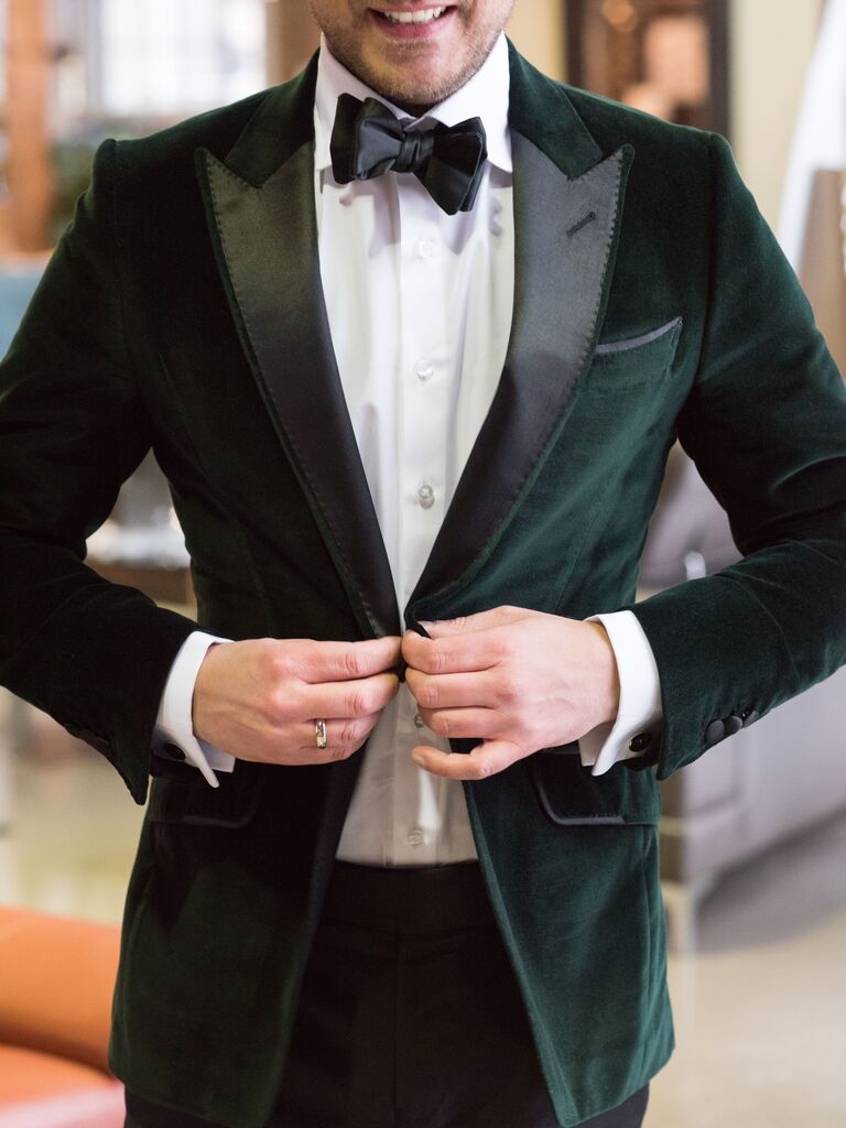 Emerald green and black wedding attire