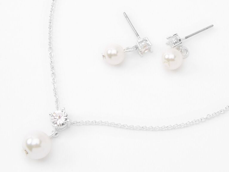 Faux pearl and diamond necklace with matching earrings inexpensive bridesmaids jewelry set