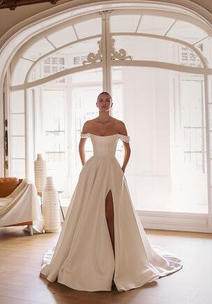 Marlowe — straight neckline cold-shoulder corset dress with voluminous smooth split skirt.