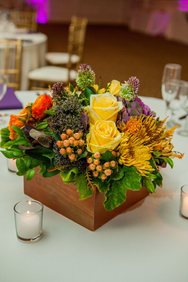 Colorful Floral Centerpieces In Wood Boxes