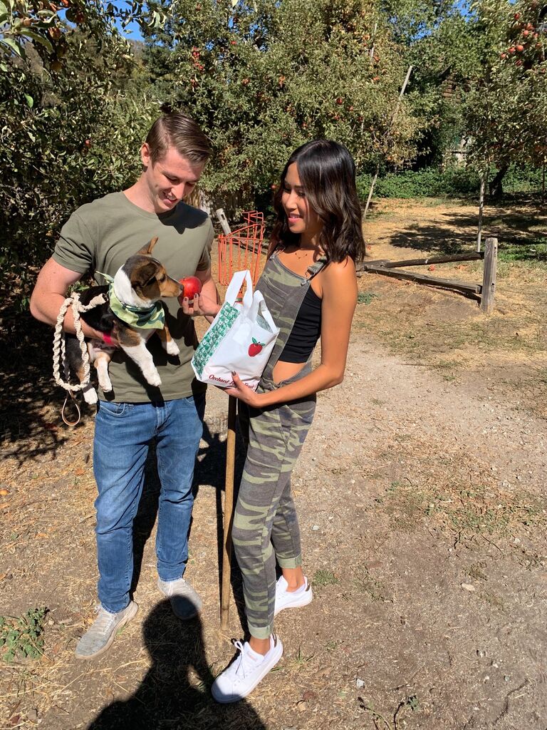 On August 3, 2020 Justin and Vivian got a cute little corgi and named him Whisky. Pictured here is their first "family" picture at an apple farm <3. Every year after they will match outfits to go apple picking.